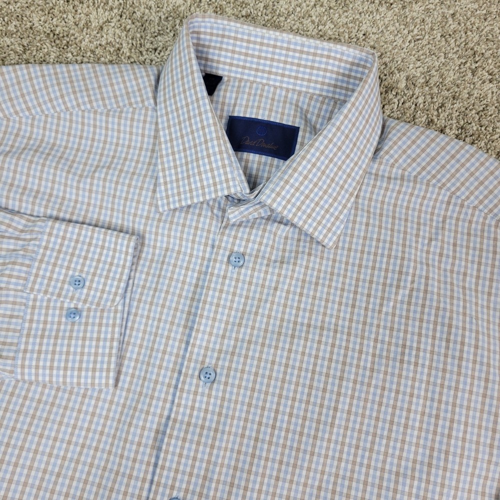 David Donahue Mens 18-34/35 Blue Brown White Check‎ Button Up Long Sleeve